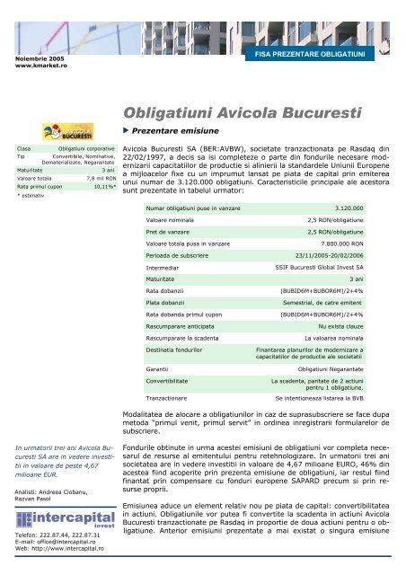 Fisa de Prezentare Obligatiuni Avicola Bucuresti - Kmarket.ro