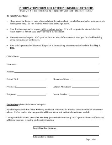 information form for entering kindergarteners - Lexington Public ...
