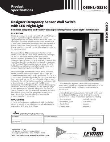 Leviton LVOSSNLIDx Occupancy Sensor Wall Switch Spec Sheet