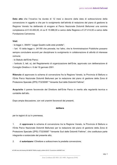 Convenzione con Regione Veneto per PDG ZPS Versante sud ...