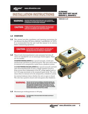 GSV II 1-07: Gas Shutoff Valve Installation Instructions - Altronic Inc.