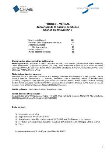 VERBAL du Conseil de la FacultÃ© de Chimie SÃ©ance du 19 avril 2012