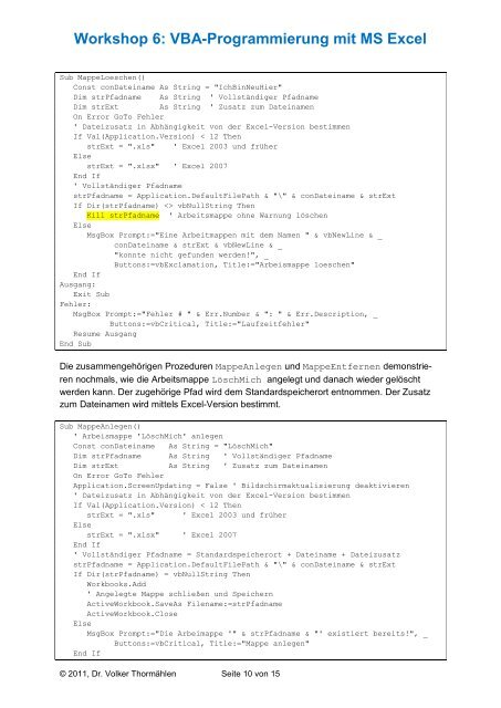Workshop 6: VBA-Programmierung mit MS Excel - Dr. Volker ...
