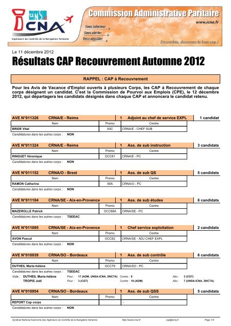 RÃ©sultats - CAP Automne 2012 - Recouvrement - UNSA ICNA