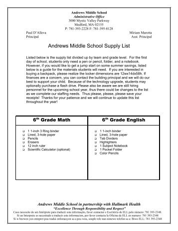 Andrews Middle School Supply List - Medford Public Schools