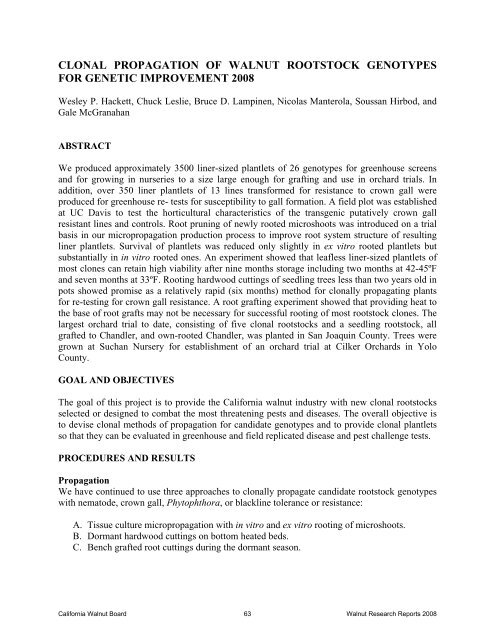 clonal propagation of walnut rootstock genotypes for genetic ...