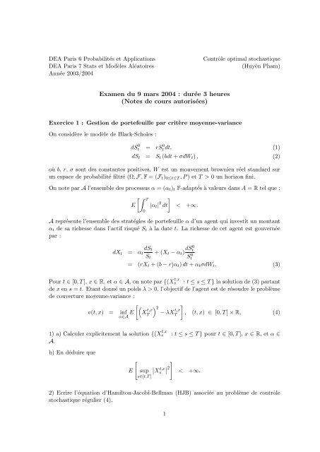 Examen du 9 mars 2004 : durée 3 heures (Notes de cours autorisées)