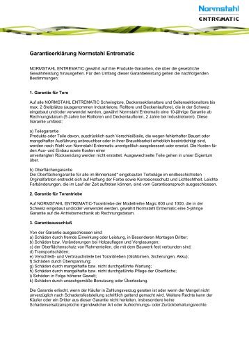 GarantieerklÃ¤rung Normstahl Entrematic - Normstahl Schweiz AG
