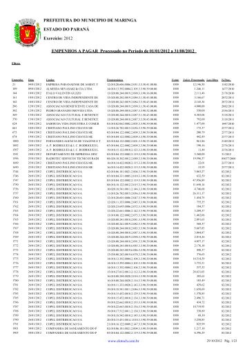 Empenhos a Pagar - Agosto - PREFEITURA - MaringÃ¡ - Estado do ...