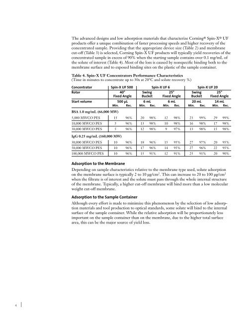 Spin-X UF Concentrator Selection and Use Guide - Corning ...