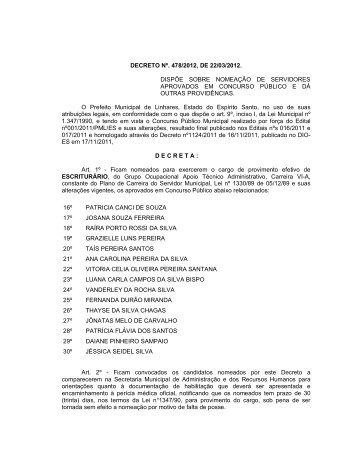 decreto - nÂ°478-2012 - nomeia - Linhares