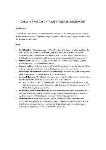 Casia Nir Face Database Release Agreement