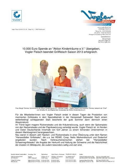 10 000 Euro Spende An Aktion Kindertra Ume E V Vogler Fleisch