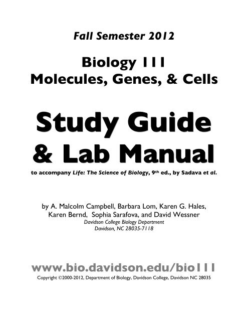 Fall Semester 2012 Biology 111 Molecules, Genes, & Cells Study ...