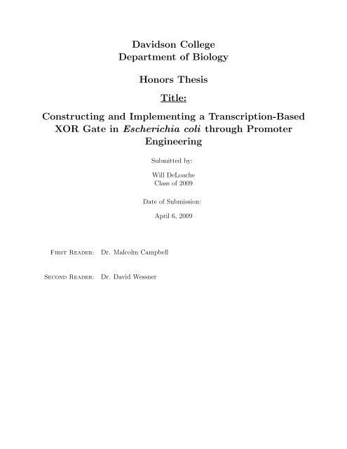 Davidson College Department of Biology Honors Thesis Title ...
