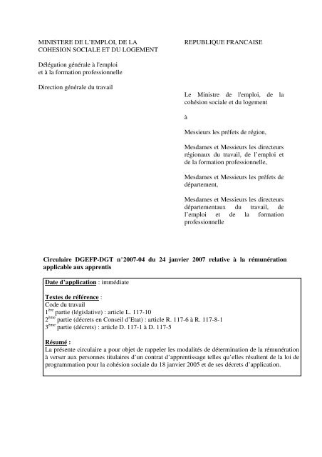 La circulaire DGEFP - DGT nÂ° 2007-04 du 24 janvier 2007