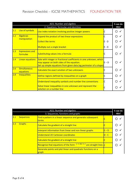 Revision Checklist â IGCSE MATHEMATICS FOUNDATION TIER