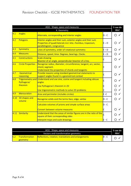 Revision Checklist â IGCSE MATHEMATICS FOUNDATION TIER