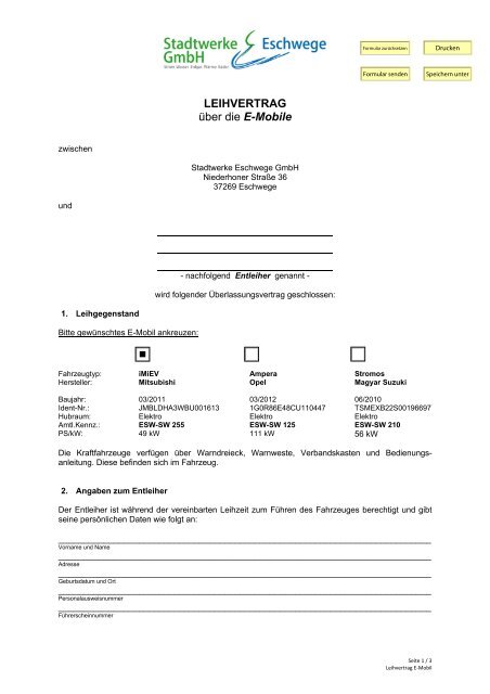 Leihvertrag A Ber Die E Mobile Stadtwerke Eschwege Gmbh
