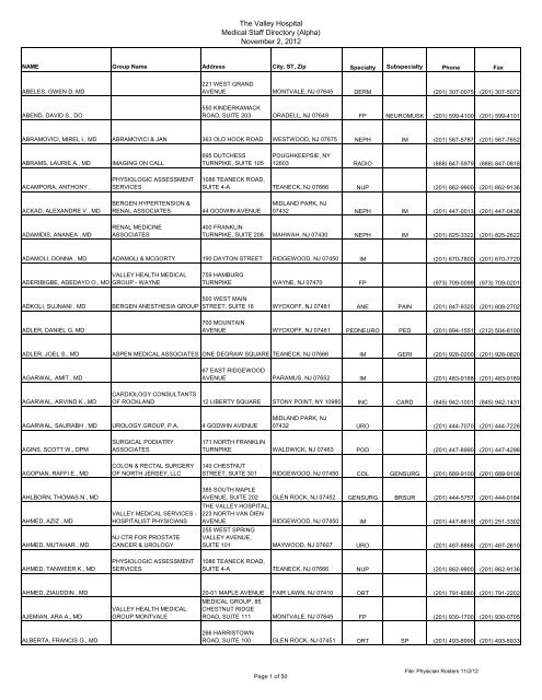 Vistar Physician Roster 11-2-12 - Valley Hospital