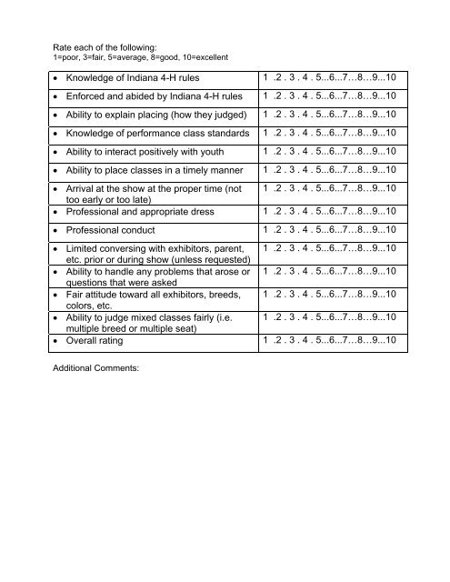 Indiana 4-H Horse Show Judge's Evaluation