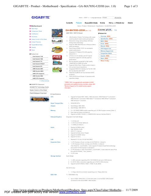 Page 1 of 3 GIGABYTE - Product - Motherboard - Specification - GA ...