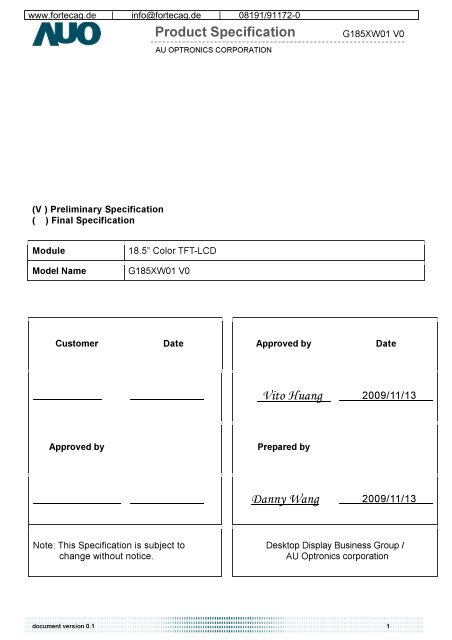 Produktspezifikation für AUO G185XW01 V0 Im ... - Fortec AG
