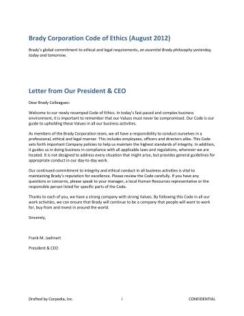 Brady Corporation Code of Ethics (August 2012) Letter from Our ...