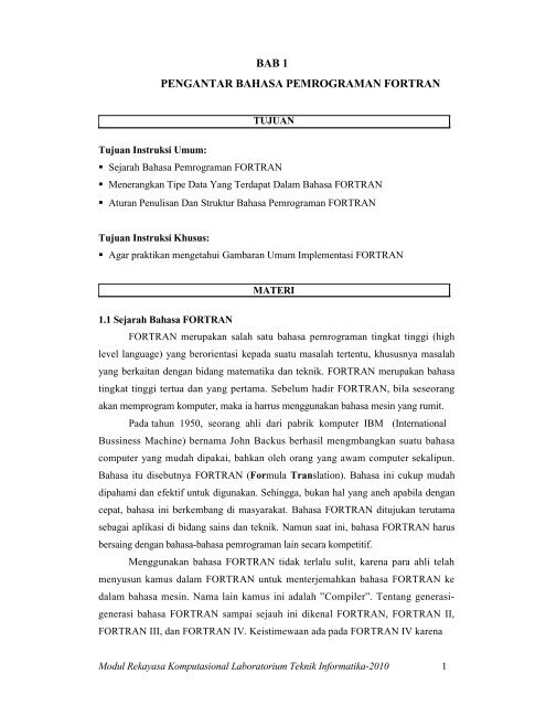 Bab 1 Pengantar Bahasa Pemrograman Fortran Ilab Bab 1 Pengantar Bahasa Pemrograman Fortran Ilab