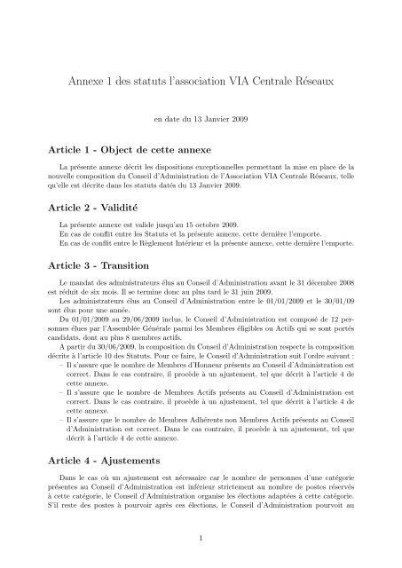 Annexe 1 des statuts l'association VIA Centrale RÃ©seaux