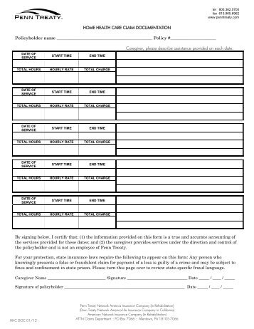 HOME HEALTH CARE CLAIM DOCUMENTATION - Penn Treaty