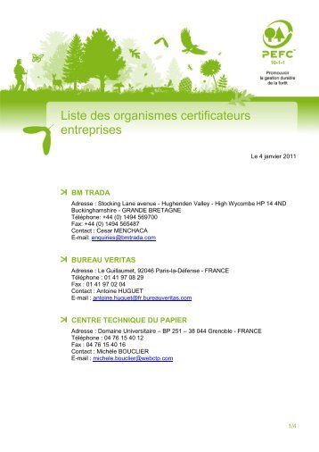 Liste des organismes certificateurs entreprises - PEFC