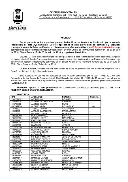 Anuncio de lista Provisional de Admitidos y Excluidos para la Lista ...