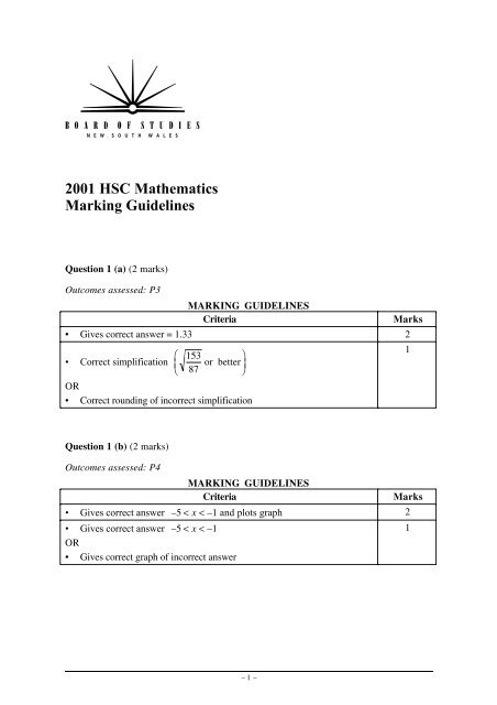 2001 Hsc Mathematics Marking Guidelines