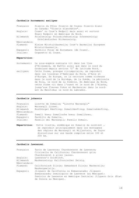 position taxinomique des fringillides. nomenclature ... - vingolato.be