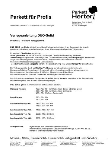 Parkett für Profis Verlegeanleitung DUO-Solid - Parkett-Herter