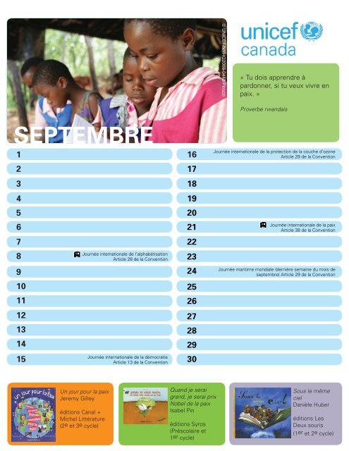 calendrier Les droits de l'enfant au fil des mois - UNICEF Canada