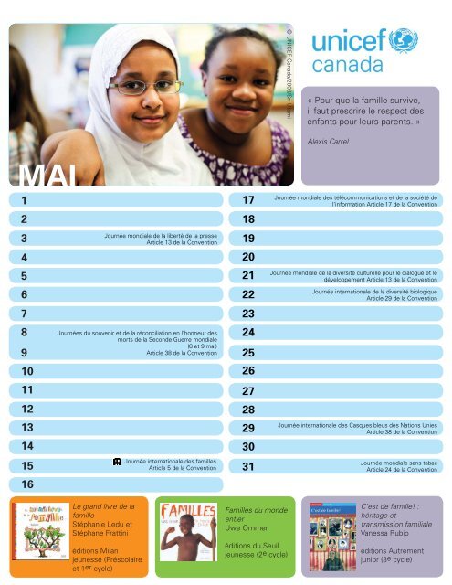 calendrier Les droits de l'enfant au fil des mois - UNICEF Canada