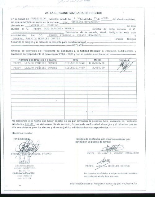 Acta circunstanciada de hechos - Estimulos a la Calidad 