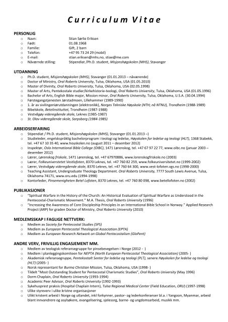 Curriculum vitae - MisjonshÃƒÂ¸gskolen