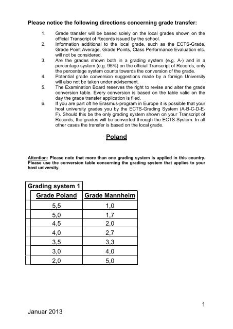 1 Januar 2013 Poland Grading system 1 Grade Poland Grade ... - BWL