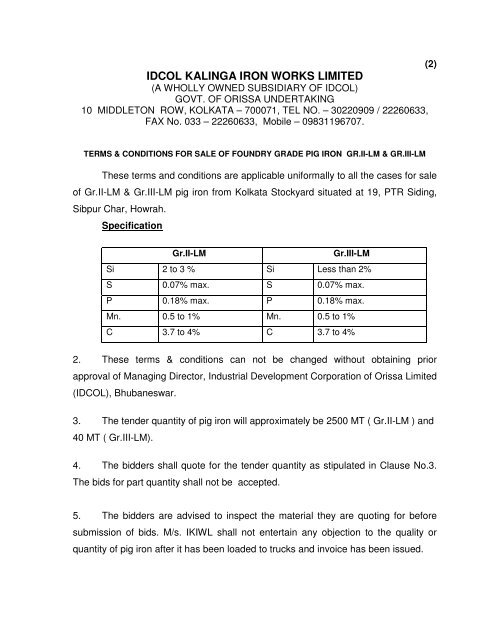 IDCOL KALINGA IRON WORKS LIMITED (IKIWL) - Tender