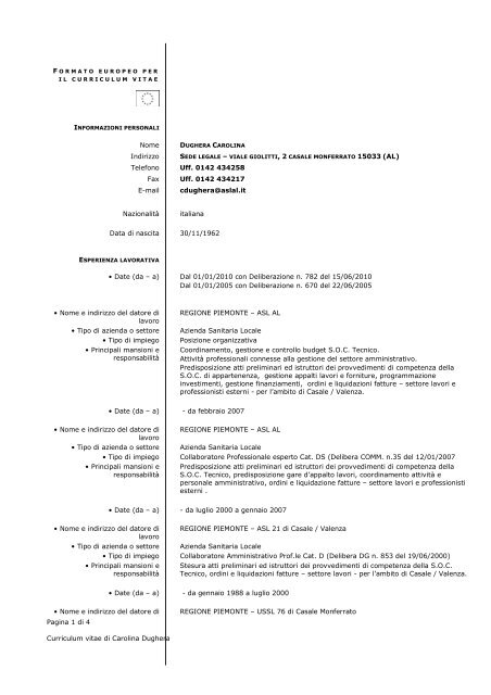 Pagina 1 di 4 Curriculum vitae di Carolina Dughera Nome ... - ASL AL