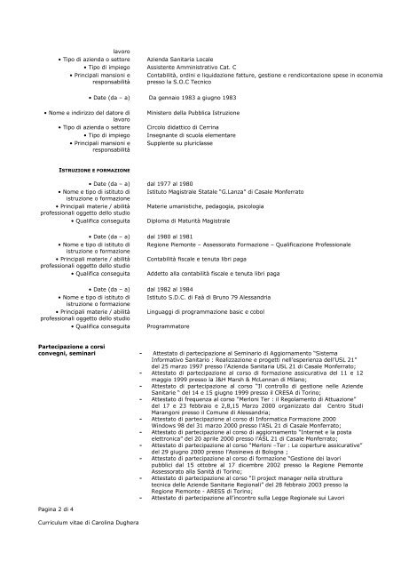 Pagina 1 di 4 Curriculum vitae di Carolina Dughera Nome ... - ASL AL