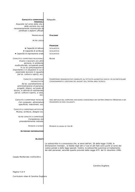 Pagina 1 di 4 Curriculum vitae di Carolina Dughera Nome ... - ASL AL