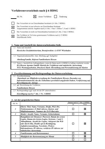 Verfahrensverzeichnis nach § 6 HDSG - Familienkarte Hessen