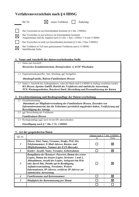 Verfahrensverzeichnis nach § 6 HDSG - Familienkarte Hessen