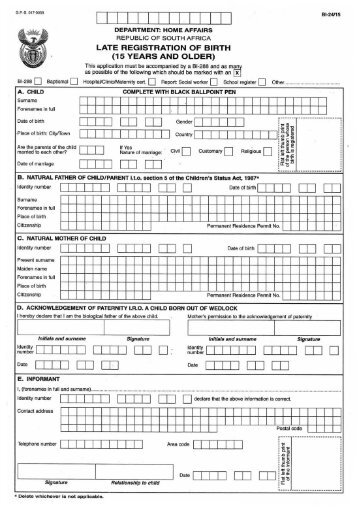 Late Registration of Birth BI24/15 - South Africa