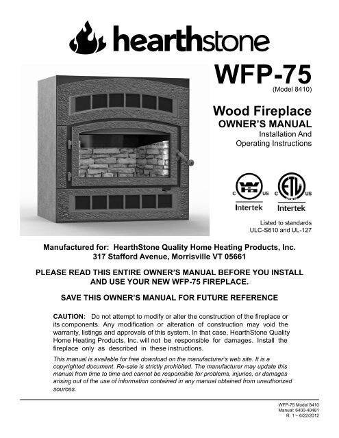 Wfp 75 Hearthstone Stoves - Hearthstone Fireplace Insert Manual Wfp 75 Hearthstone Stoves - Hearthstone Fireplace Insert Manual