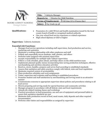 Job Description - Cafeteria Manager - Moore County School System